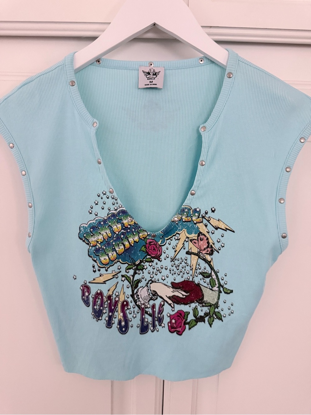 Boys Lie Aqua Ribbed V-Neck Embellished Crop Top